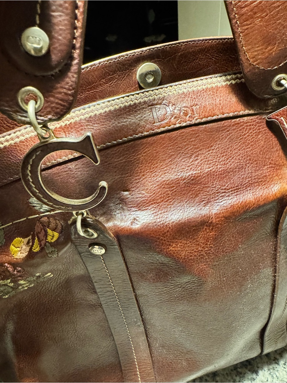 Dior Brown Leather Tote with Floral Embroidery - Picture 5 of 12